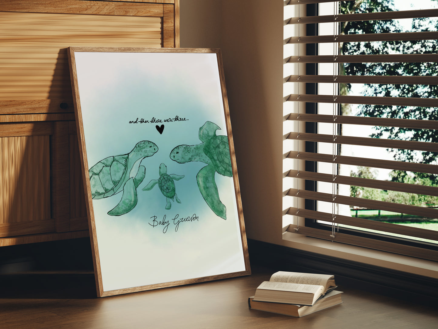 New Born Baby Print Gift With Turtle "And then there were Three" Children's Sea-themed Art