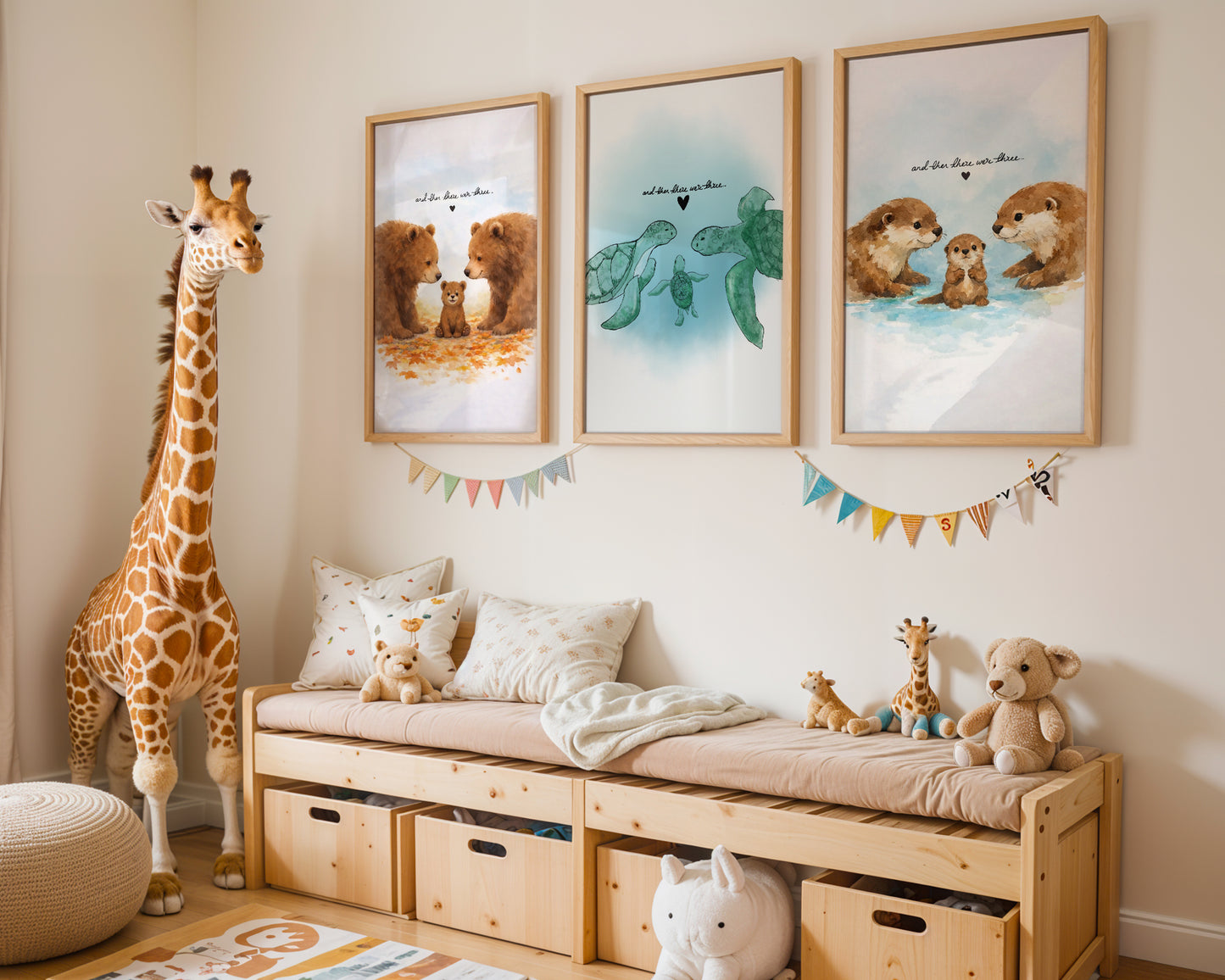 New Born Baby Print Gift With Bears "And then there were Three" Children's Room Poster Art