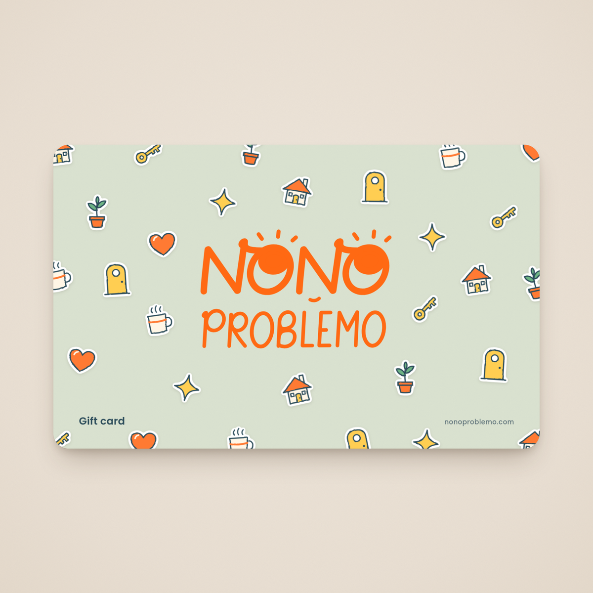 Gift Card – New Home Design: orange Nono Problemo logo on a soft sage card with a pattern of hand-drawn house, key, door, plant, mug and heart stickers