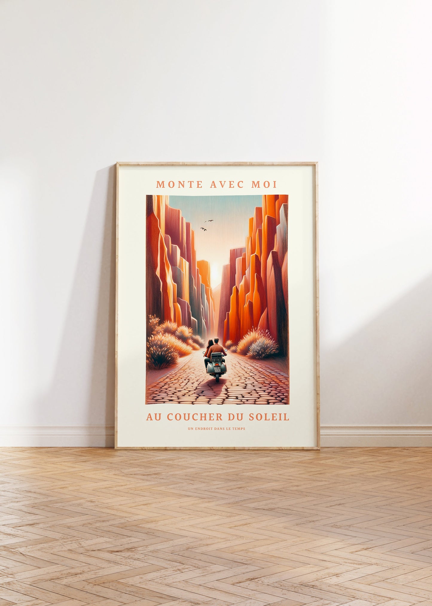 Sunset Vespa Wall Art Print Gift Canyon Travel Dorm Poster for Romantic Wall Prints Scooter Fan Art Ride into Sunset French Aesthetic Prints