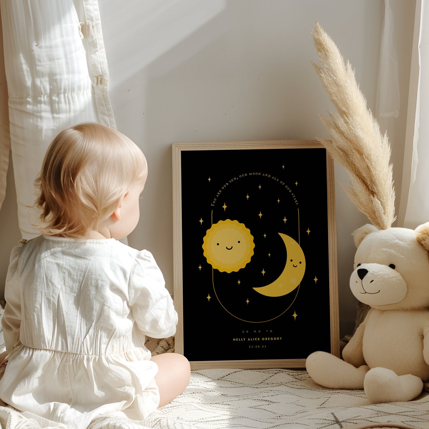 Personalised Nursery Room Wall Art Print, new born baby gift, Sun Moon and Stars illustration with Name, Birthdate, Parent & baby initials