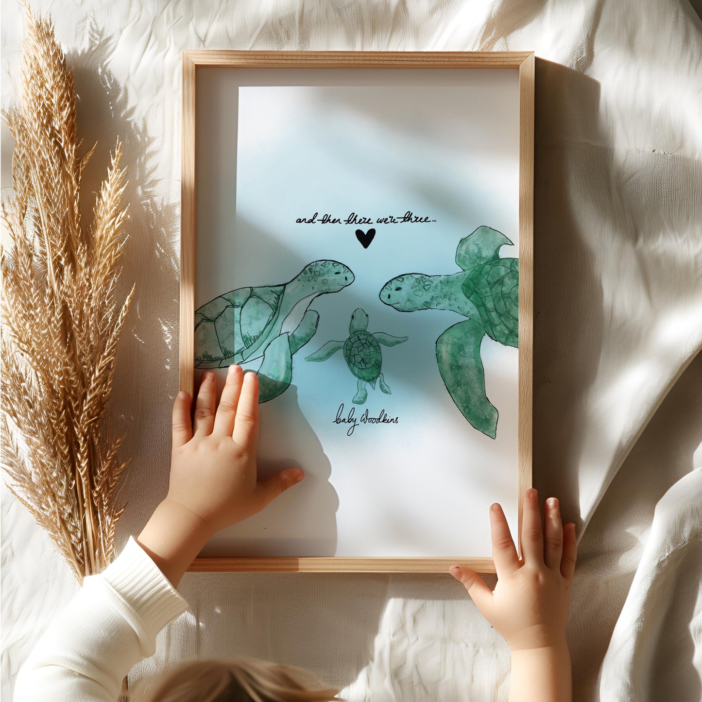 New Born Baby Print Gift With Turtle "And then there were Three" Personalised Poster Art for Children's room or Nursery wall art Sea Theme