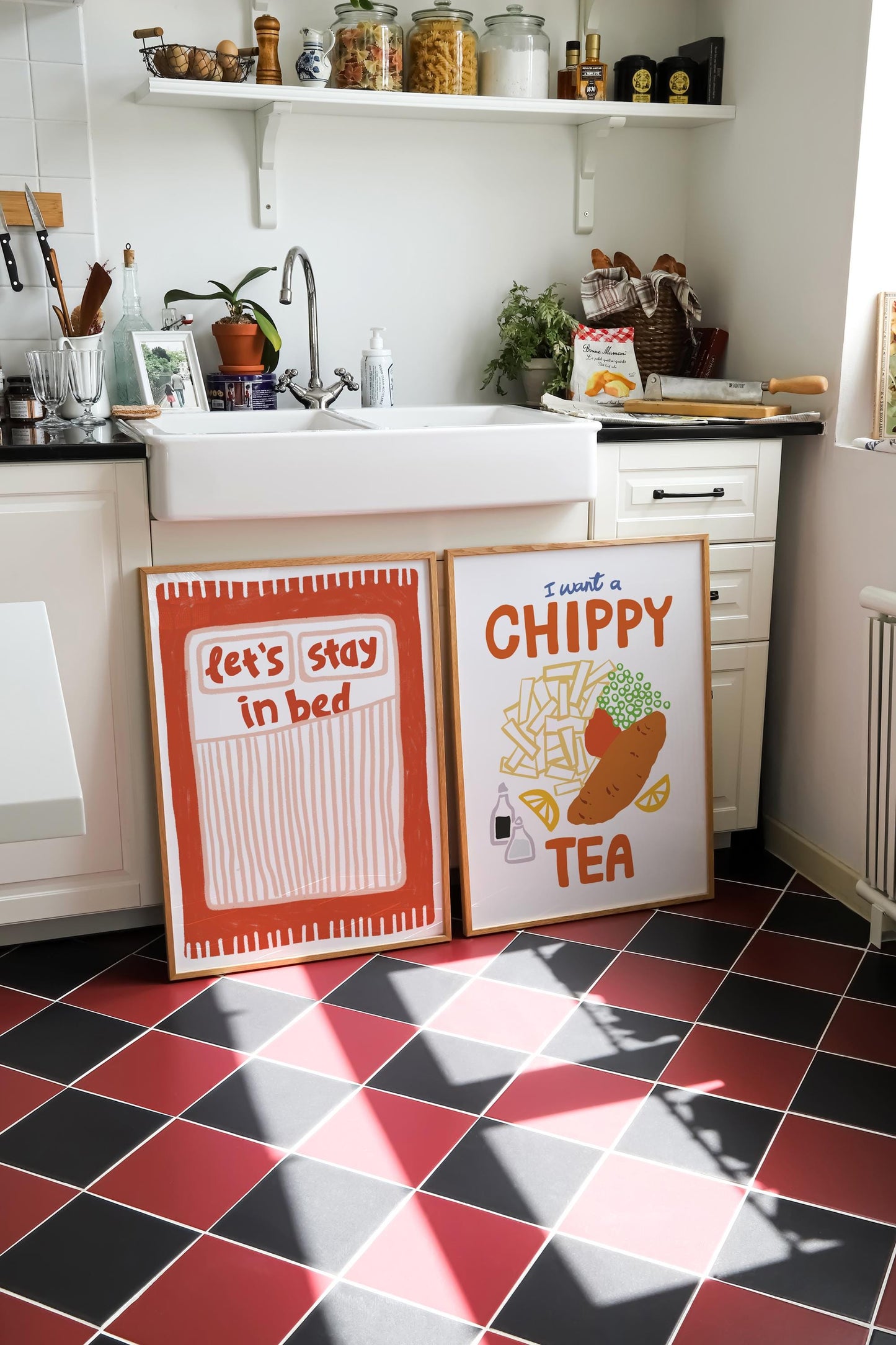 Lets Stay in Bed Bedroom Wall Art Print - Hand drawn cute striped pink and red poster print, bathroom home decor Valentines print