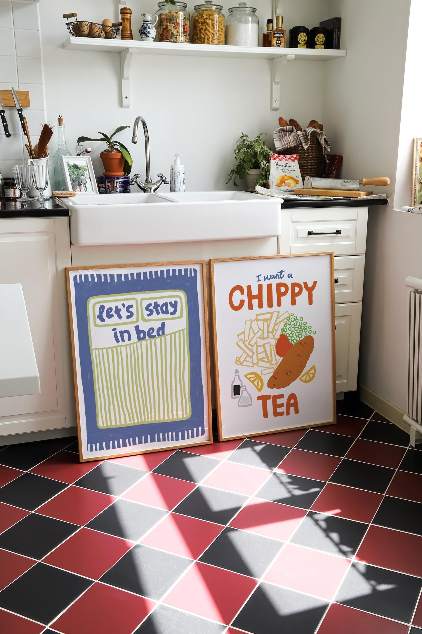 Lets Stay in Bed Bedroom Wall Art Print - Hand drawn cute striped Blue & Green poster print for bedroom, bathroom home decor Valentine print