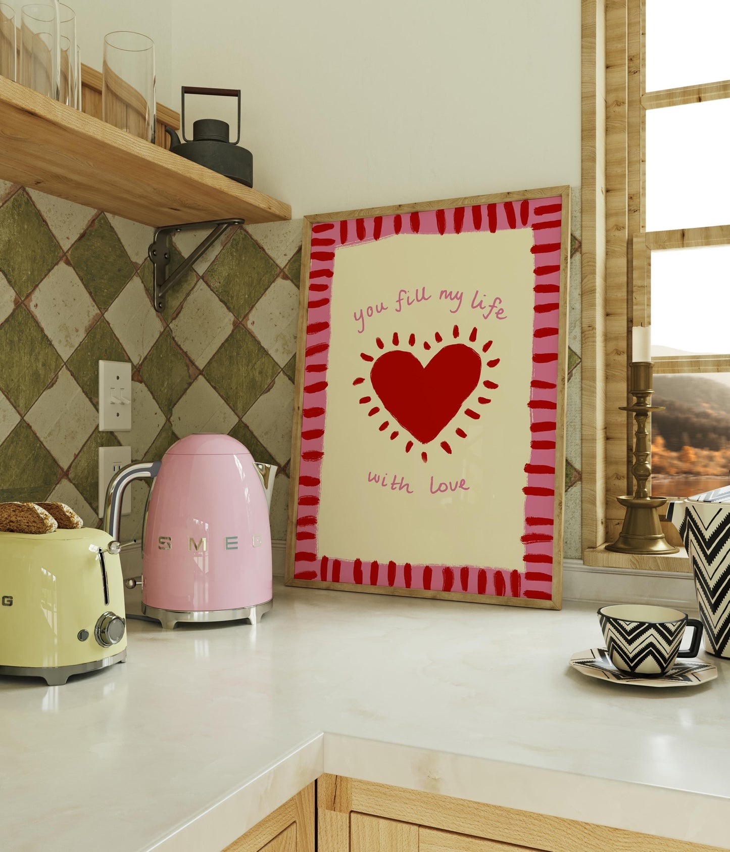 You fill my life with love print - Pink and Red heart Poster - home decor - Cute Valentines Gift - Presents for her - Bedroom Wall Accessory