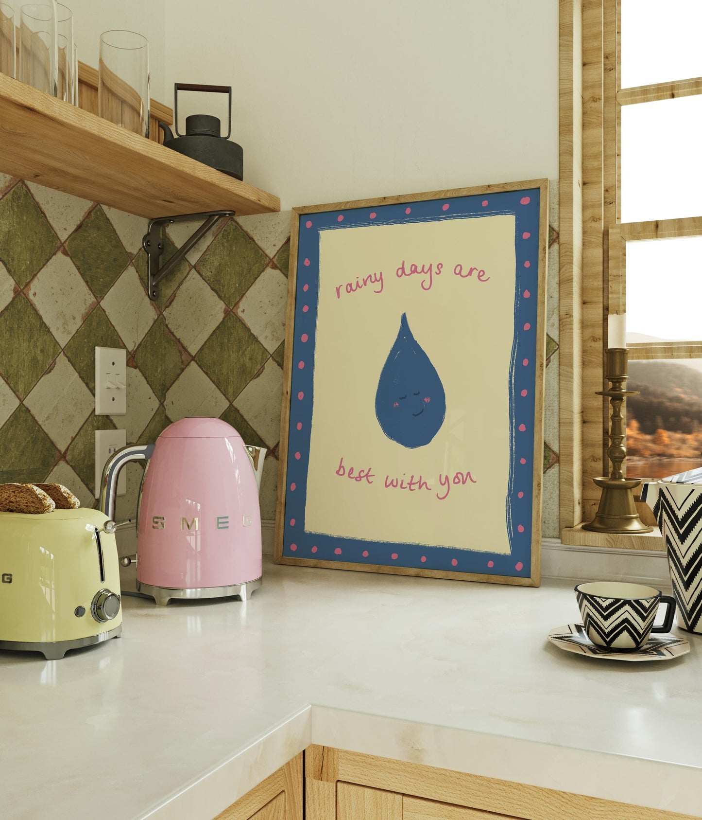 Rainy days are best with you Print - Blue Autumn home decor - Cute Valentines Gift - Presents for her - Bedroom Poster, Bathroom art decor