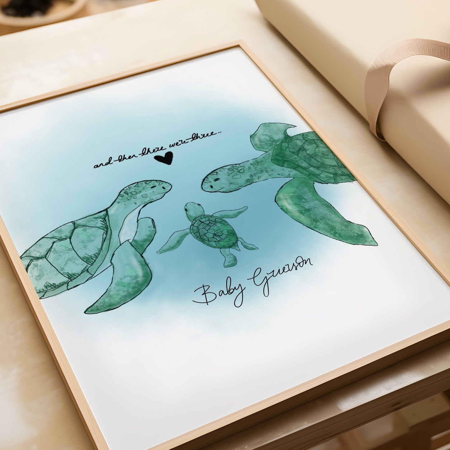 New Born Baby Print Gift With Turtle "And then there were Three" Children's Sea-themed Art