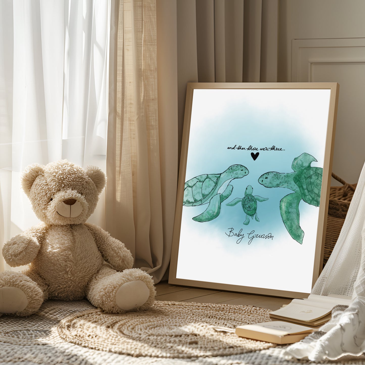 New Born Baby Print Gift With Turtle "And then there were Three" Children's Sea-themed Art