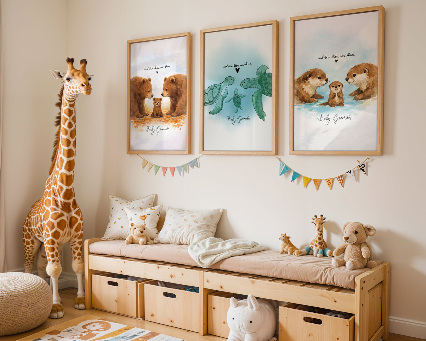 New Born Baby Print Gift With Turtle "And then there were Three" Children's Sea-themed Art