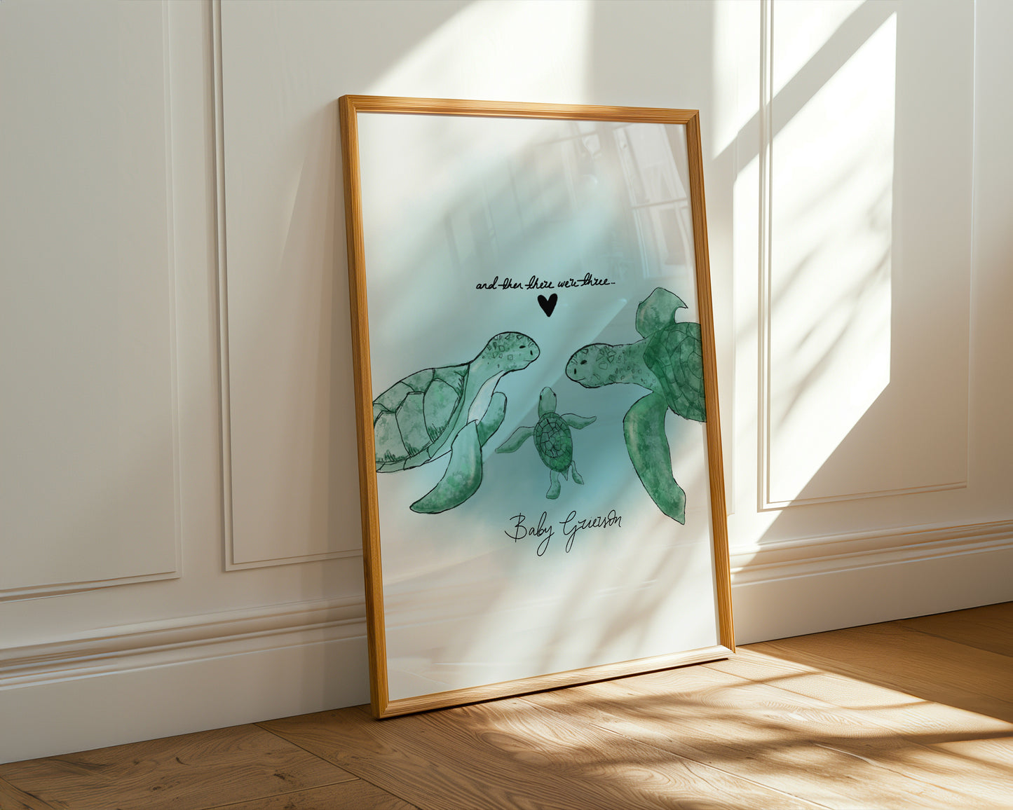 New Born Baby Print Gift With Turtle "And then there were Three" Children's Sea-themed Art