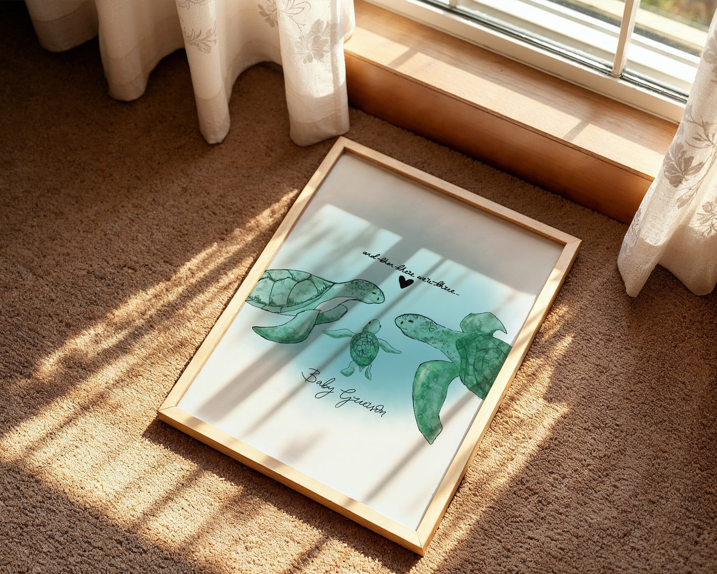 New Born Baby Print Gift With Turtle "And then there were Three" Children's Sea-themed Art