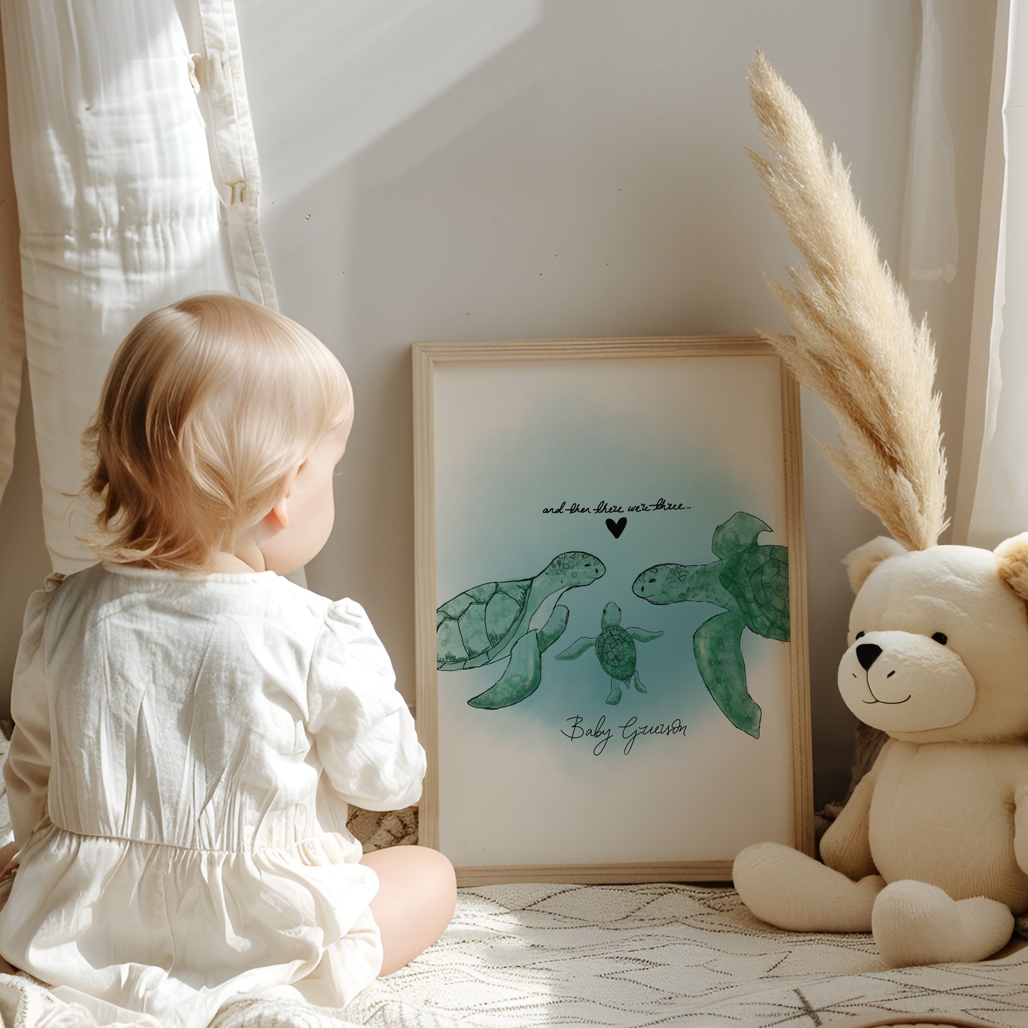 New Born Baby Print Gift With Turtle "And then there were Three" Children's Sea-themed Art