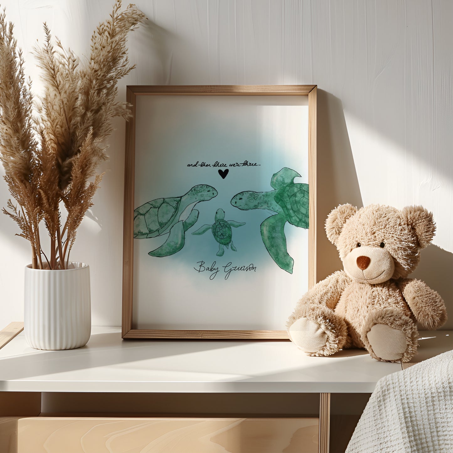 New Born Baby Print Gift With Turtle "And then there were Three" Children's Sea-themed Art