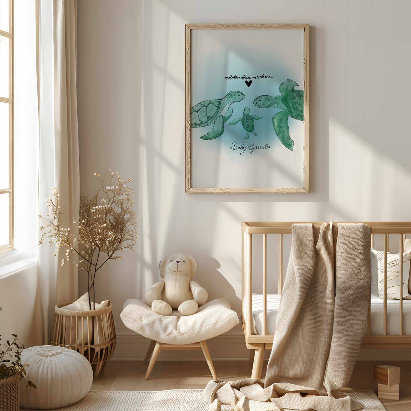 New Born Baby Print Gift With Turtle "And then there were Three" Children's Sea-themed Art