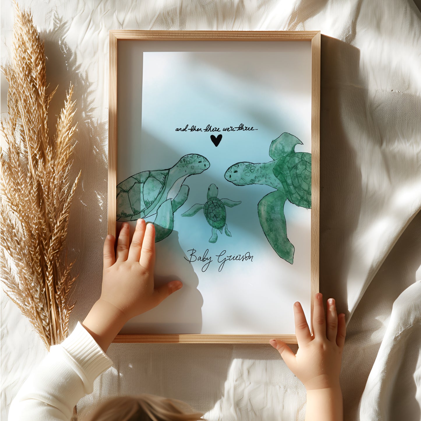 New Born Baby Print Gift With Turtle "And then there were Three" Children's Sea-themed Art