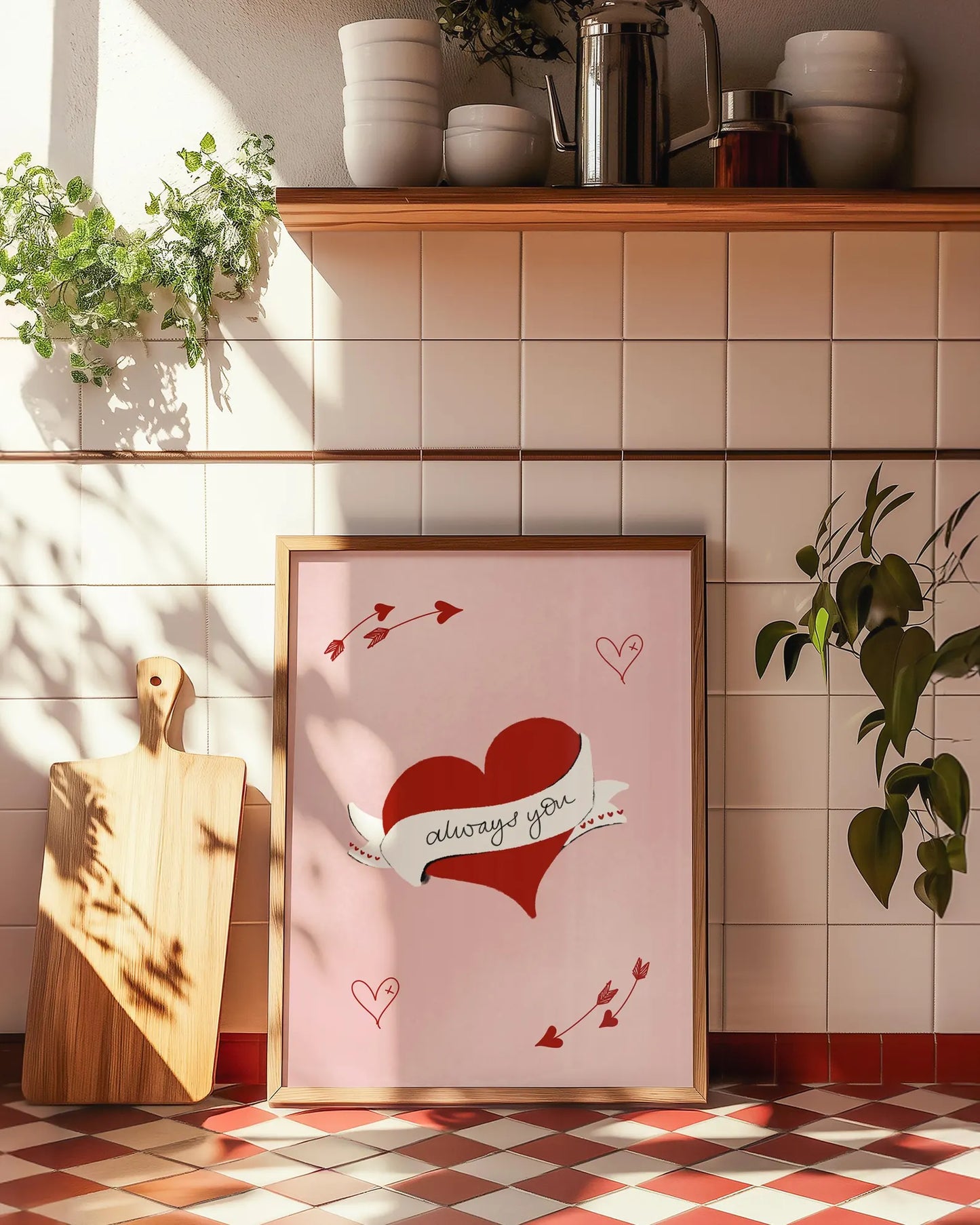 Always You, Valentines Love Heart Wall art print gift with heart and arrow illustrations on a pink background. Valentines gifts for her