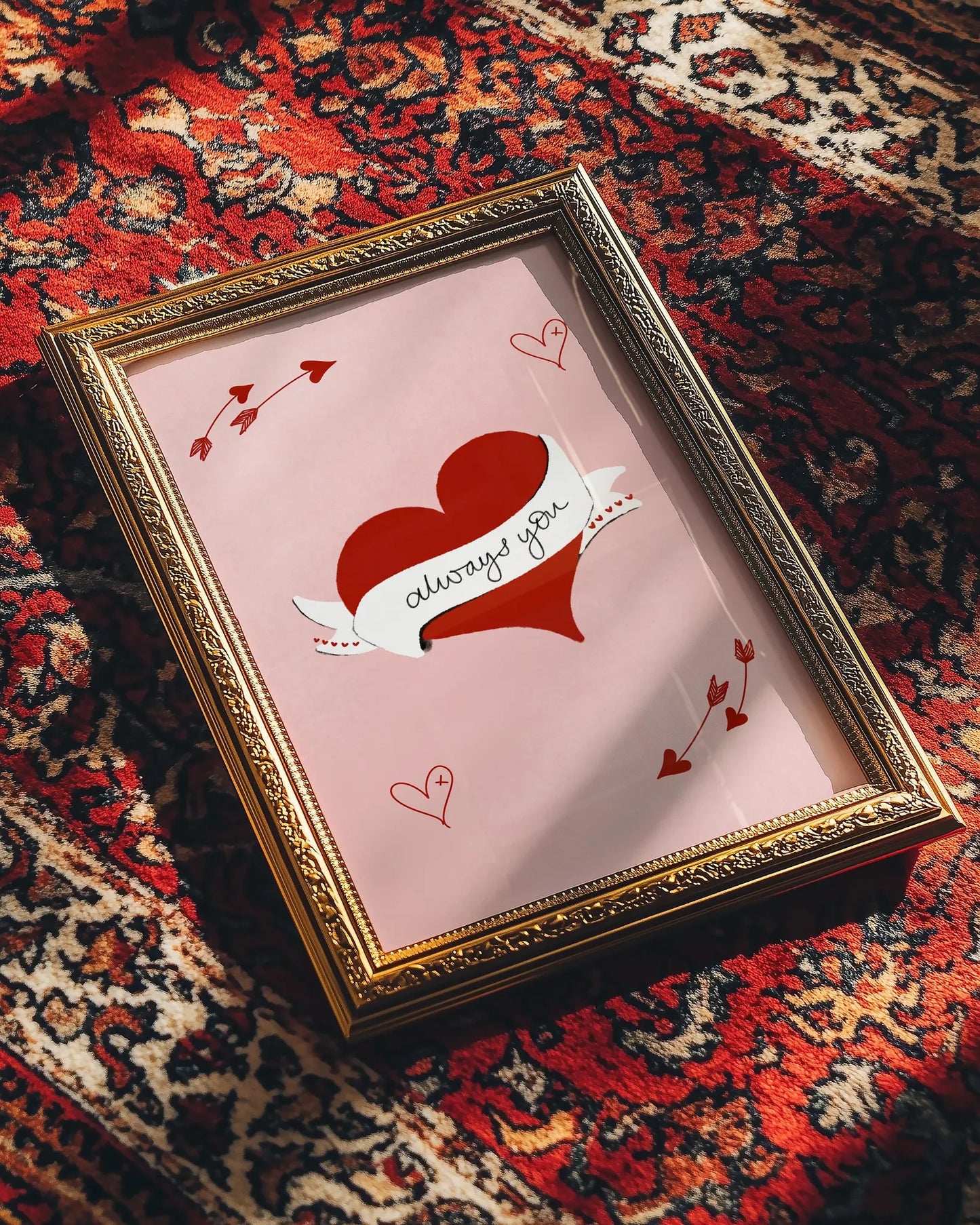 Always You, Valentines Love Heart Wall art print gift with heart and arrow illustrations on a pink background. Valentines gifts for her