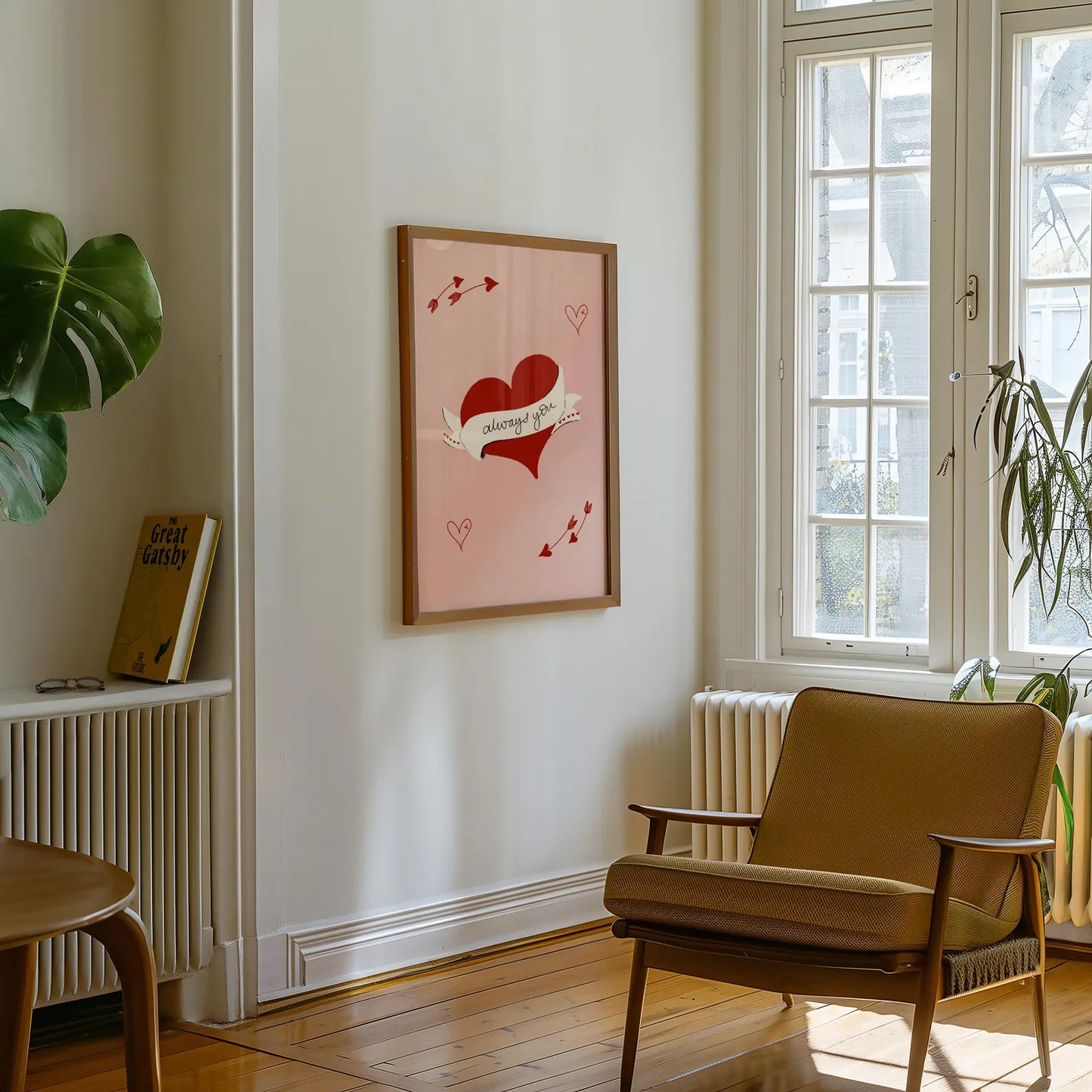 Always You, Valentines Love Heart Wall art print gift with heart and arrow illustrations on a pink background. Valentines gifts for her