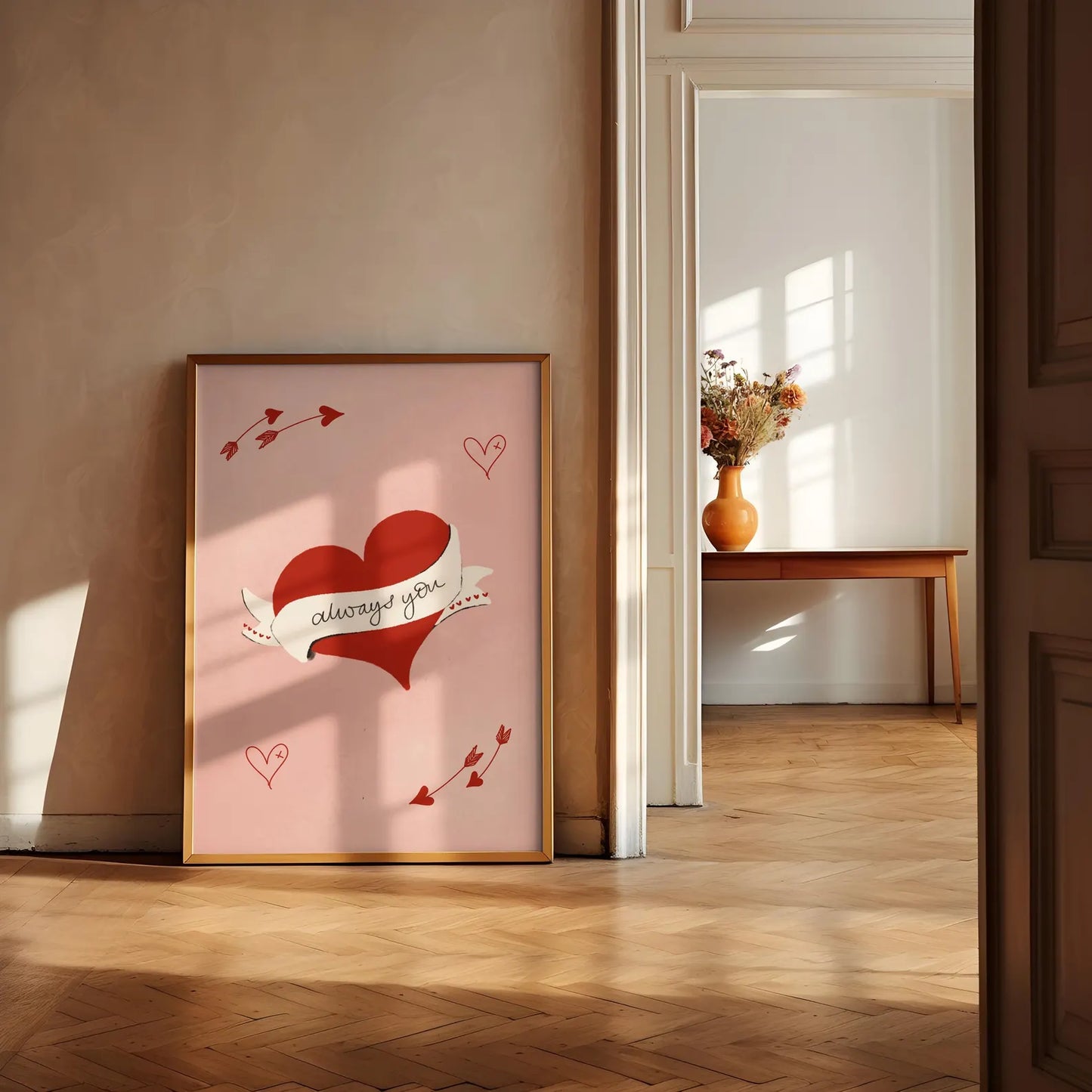 Always You, Valentines Love Heart Wall art print gift with heart and arrow illustrations on a pink background. Valentines gifts for her