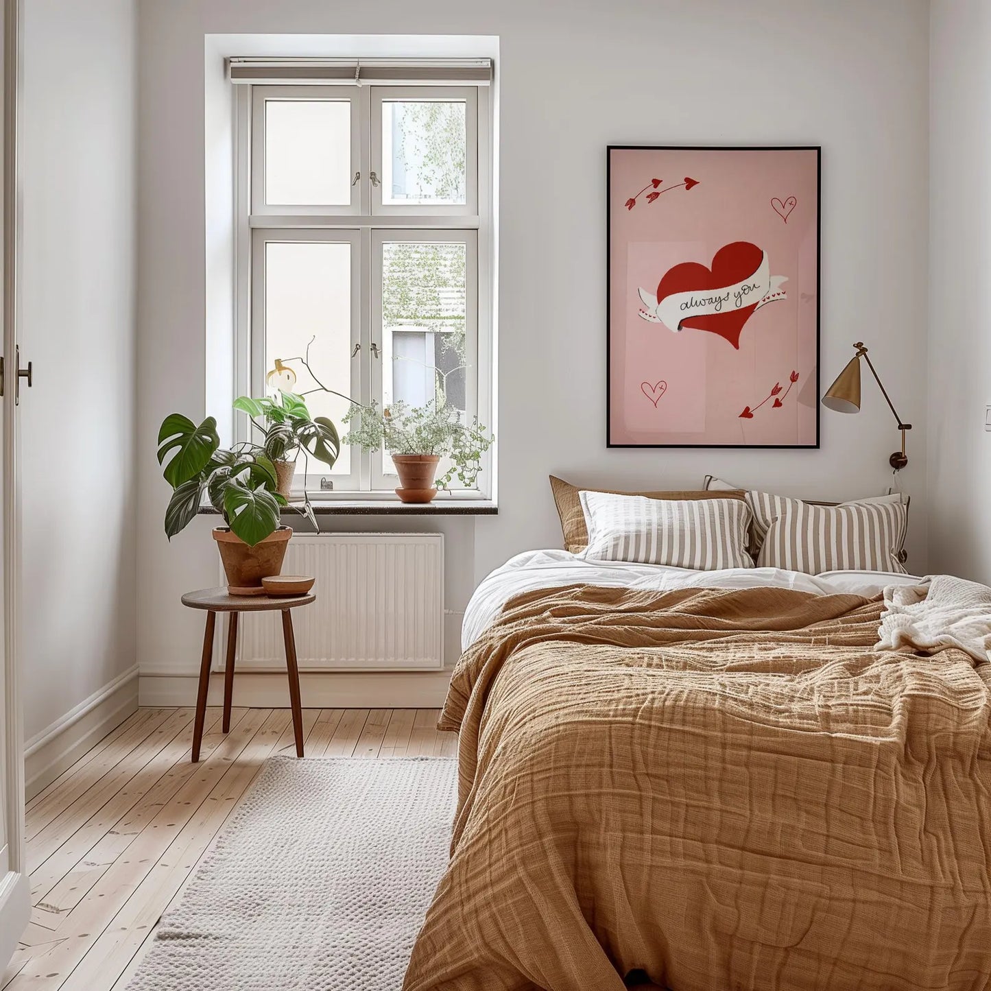 Always You, Valentines Love Heart Wall art print gift with heart and arrow illustrations on a pink background. Valentines gifts for her