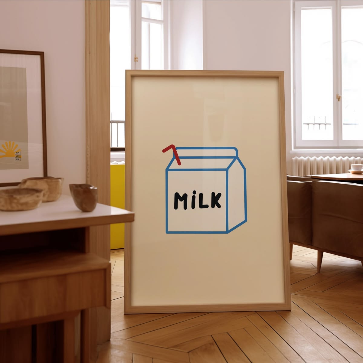 Hand-drawn blue milk carton print by Jay, in a wooden frame, Nono Problemo