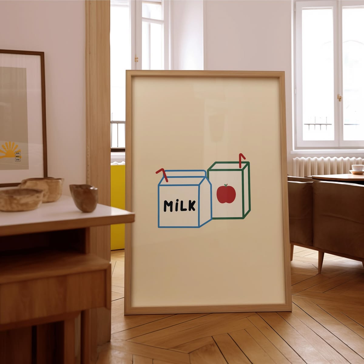 Milk & Apple Juice Cartons Illustration Print Poster - By Jay - Retro, Kitchen, Children's Nursery gift for child's room
