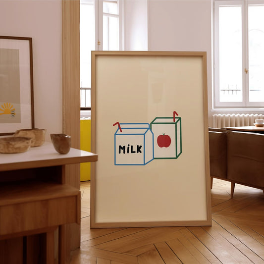 Milk & Apple Juice Cartons Illustration Print Poster - By Jay - Retro, Kitchen, Children's Nursery gift for child's room