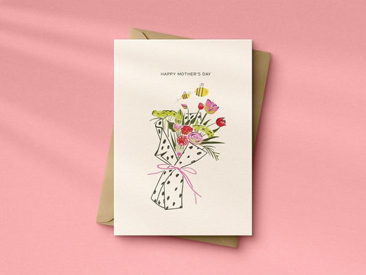 Mothers Day Card with Flowers and cute bumble bee's, cute cards for mum with hand drawn illustration - A6 Funny Card