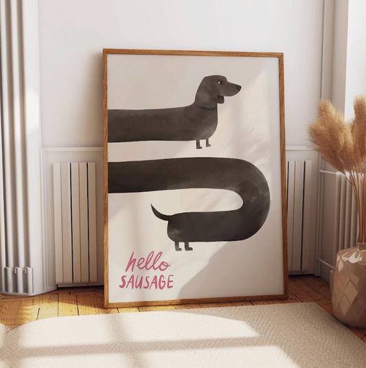 Black Sausage Dog Print - Wall art print - Hello Sausage Poster - Cute Gift for black dachshund dog owner - Kitchen Home decor presents