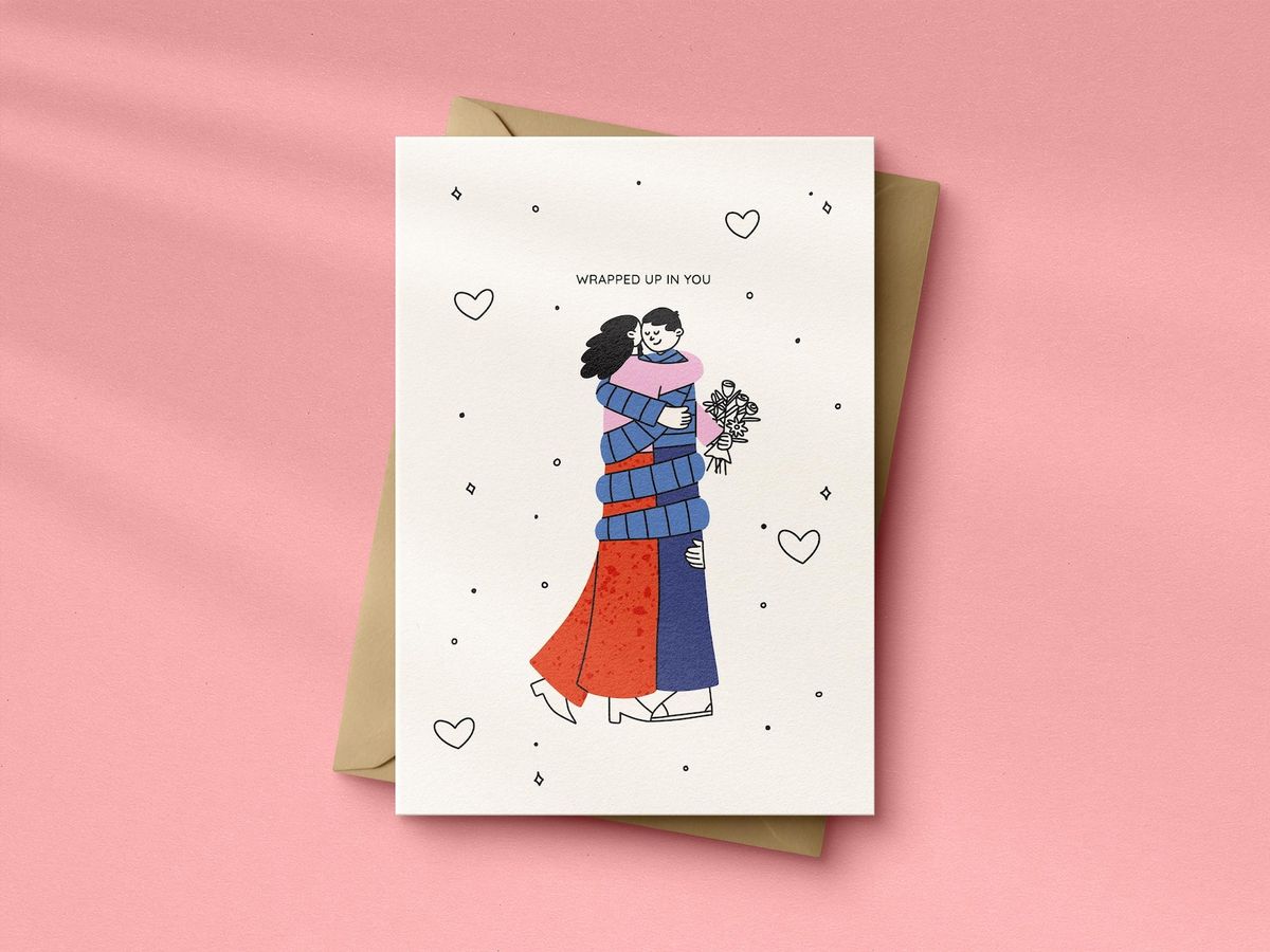 Greeting card with illustration of two people wrapped in each other on a pink background