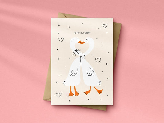 Valentines Card for a silly goose - Valentines Day card gift for him or her featuring two silly geese making a love heart - Funny Goose Card