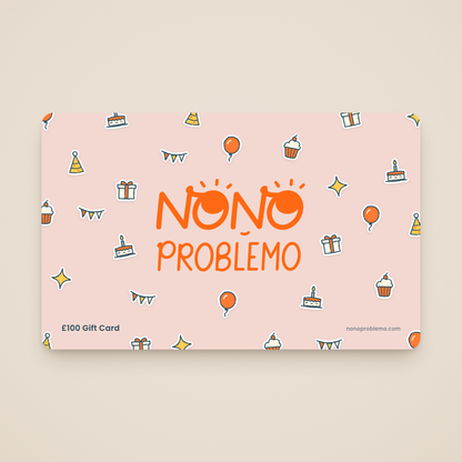 £100 Gift Card – Birthday Design: orange Nono Problemo logo on a soft blush card with a pattern of hand-drawn balloon, cake, cupcake, party hat, present and bunting stickers