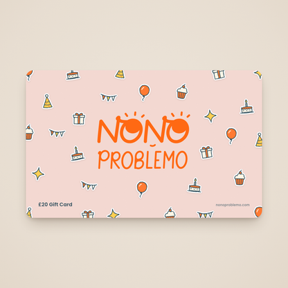 £20 Gift Card – Birthday Design: orange Nono Problemo logo on a soft blush card with a pattern of hand-drawn balloon, cake, cupcake, party hat, present and bunting stickers