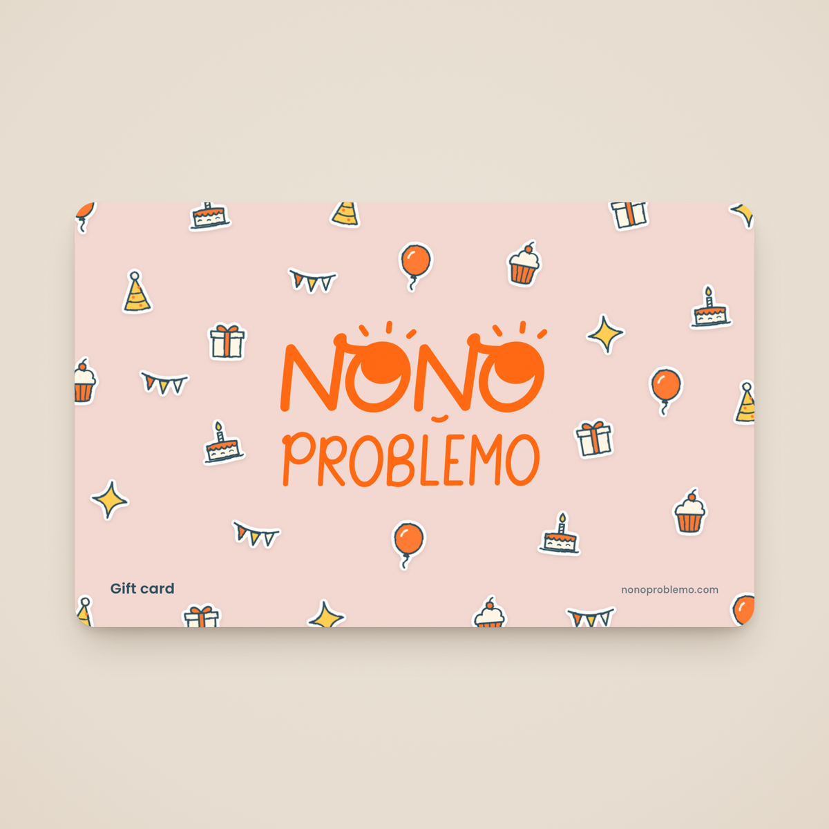 Gift Card – Birthday Design: orange Nono Problemo logo on a soft blush card with a pattern of hand-drawn balloon, cake, cupcake, party hat, present and bunting stickers