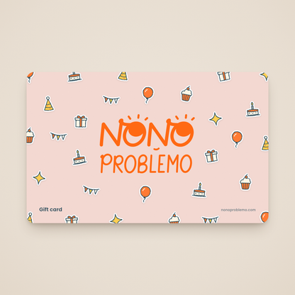 Gift Card – Birthday Design: orange Nono Problemo logo on a soft blush card with a pattern of hand-drawn balloon, cake, cupcake, party hat, present and bunting stickers