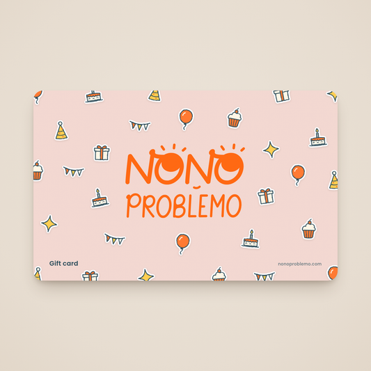 Gift Card – Birthday Design: orange Nono Problemo logo on a soft blush card with a pattern of hand-drawn balloon, cake, cupcake, party hat, present and bunting stickers
