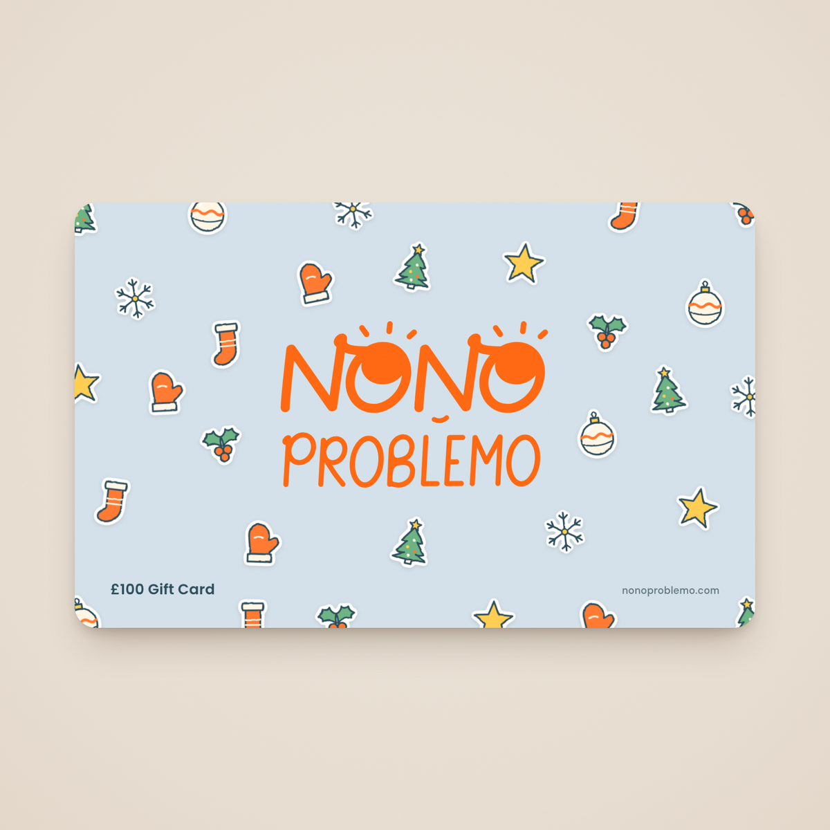 £100 Gift Card – Christmas Design: orange Nono Problemo logo on a pale powder blue card with a pattern of hand-drawn tree, bauble, snowflake, stocking, holly, mitten and star stickers