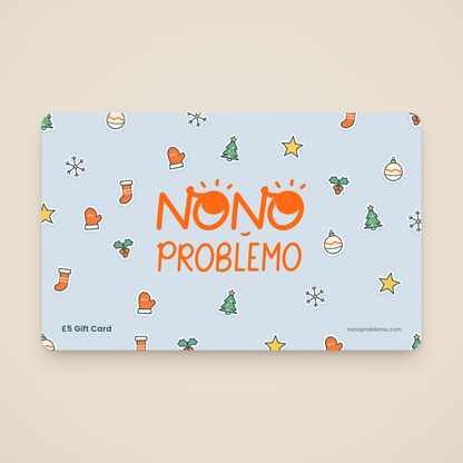 £5 Gift Card – Christmas Design: orange Nono Problemo logo on a pale powder blue card with a pattern of hand-drawn tree, bauble, snowflake, stocking, holly, mitten and star stickers