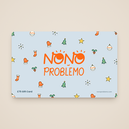 £75 Gift Card – Christmas Design: orange Nono Problemo logo on a pale powder blue card with a pattern of hand-drawn tree, bauble, snowflake, stocking, holly, mitten and star stickers