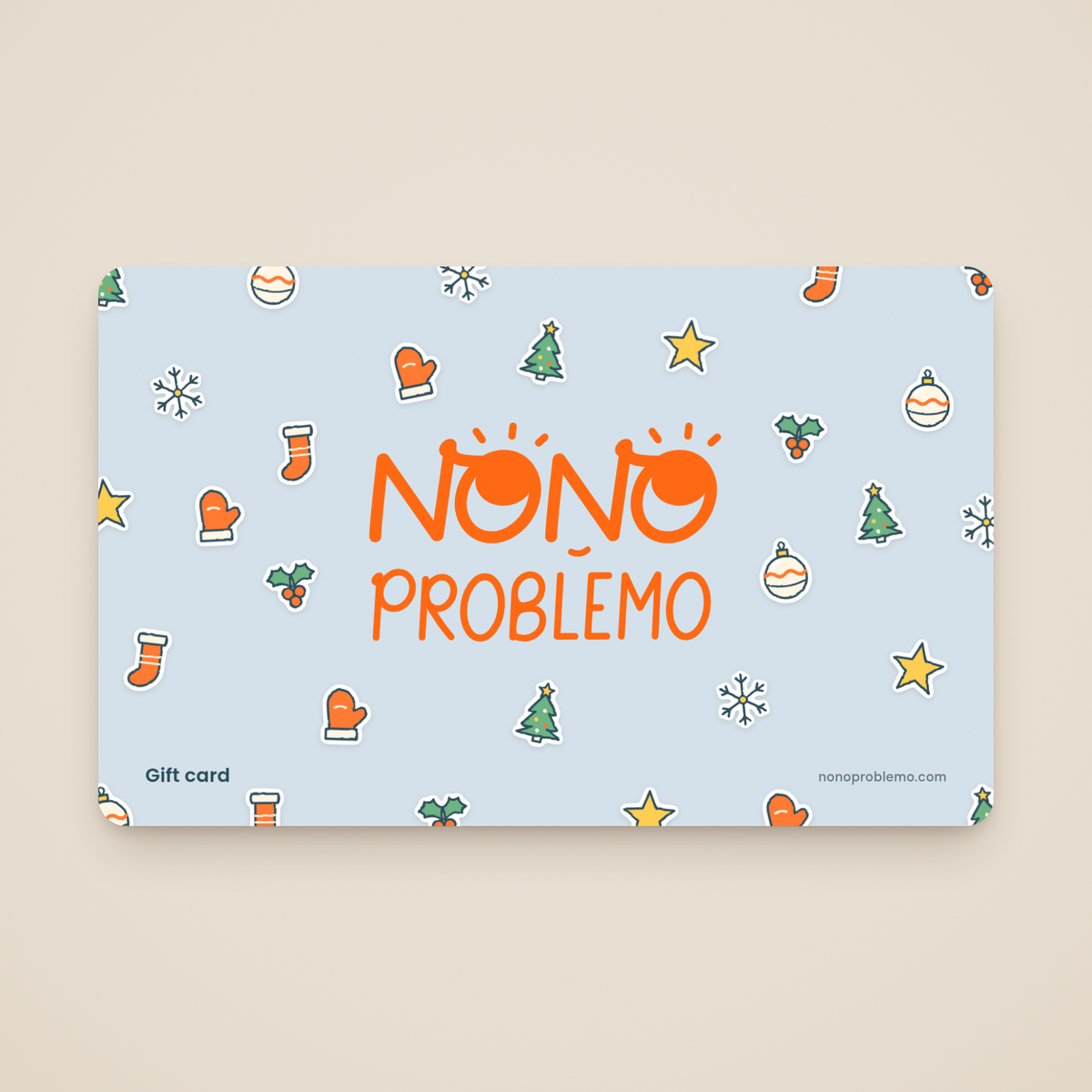 Gift Card – Christmas Design: orange Nono Problemo logo on a pale powder blue card with a pattern of hand-drawn tree, bauble, snowflake, stocking, holly, mitten and star stickers