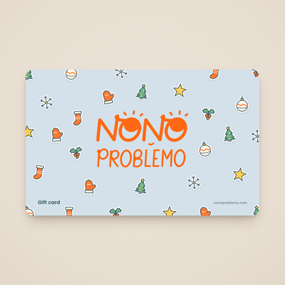Gift Card – Christmas Design: orange Nono Problemo logo on a pale powder blue card with a pattern of hand-drawn tree, bauble, snowflake, stocking, holly, mitten and star stickers