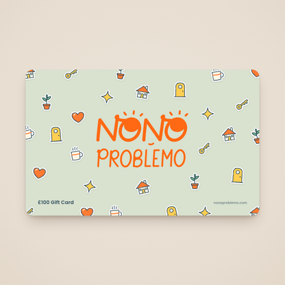 £100 Gift Card – New Home Design: orange Nono Problemo logo on a soft sage card with a pattern of hand-drawn house, key, door, plant, mug and heart stickers