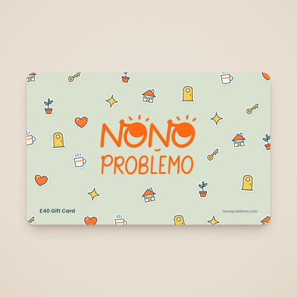 £40 Gift Card – New Home Design: orange Nono Problemo logo on a soft sage card with a pattern of hand-drawn house, key, door, plant, mug and heart stickers