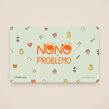 £5 Gift Card – New Home Design: orange Nono Problemo logo on a soft sage card with a pattern of hand-drawn house, key, door, plant, mug and heart stickers
