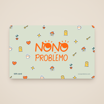 Gift Card – New Home Design: orange Nono Problemo logo on a soft sage card with a pattern of hand-drawn house, key, door, plant, mug and heart stickers