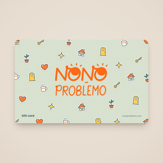 Gift Card – New Home Design: orange Nono Problemo logo on a soft sage card with a pattern of hand-drawn house, key, door, plant, mug and heart stickers