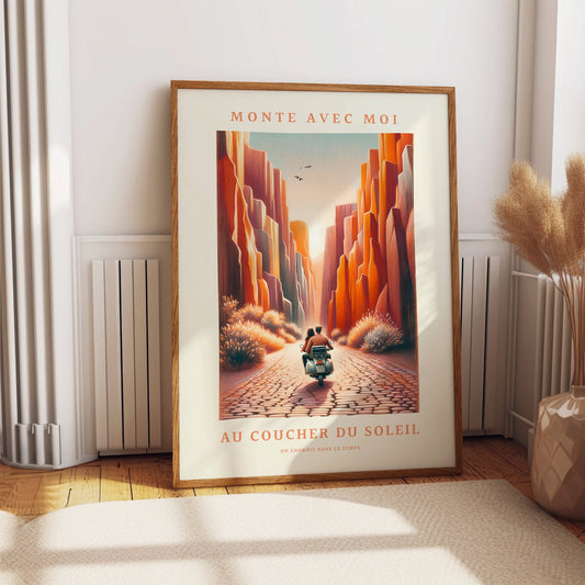 Sunset Vespa Wall Art Print Gift Canyon Travel Dorm Poster for Romantic Wall Prints Scooter Fan Art Ride into Sunset French Aesthetic Prints