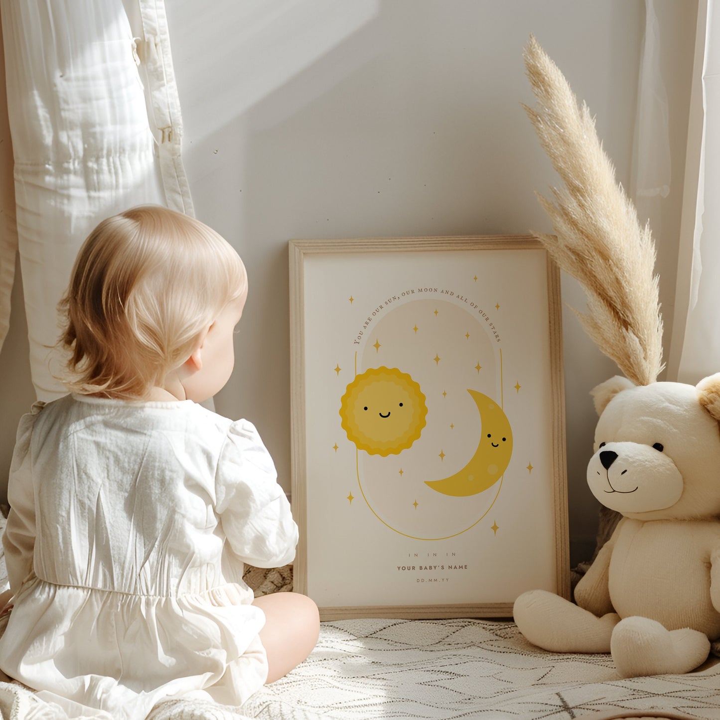 Nursery room prints for new born and toddler with sun star and moon