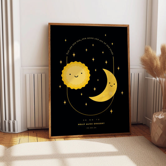 Personalised Nursery Room Wall Art Print, new born baby gift, Sun Moon and Stars illustration with Name, Birthdate, Parent & baby initials