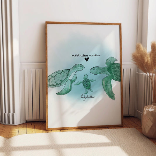New Born Baby Print Gift With Turtle "And then there were Three" Personalised Poster Art for Children's room or Nursery wall art Sea Theme